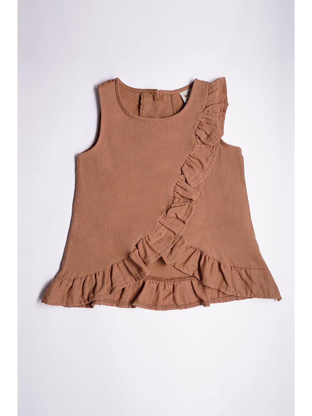 Sıfır Kol Önü Ve Etek Uçları Fırfır Detaylı Kahverengi Renk Kız Çocuk Şortlu Takım-1