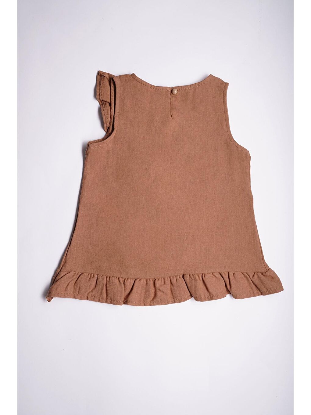 Sıfır Kol Önü Ve Etek Uçları Fırfır Detaylı Kahverengi Renk Kız Çocuk Şortlu Takım-3