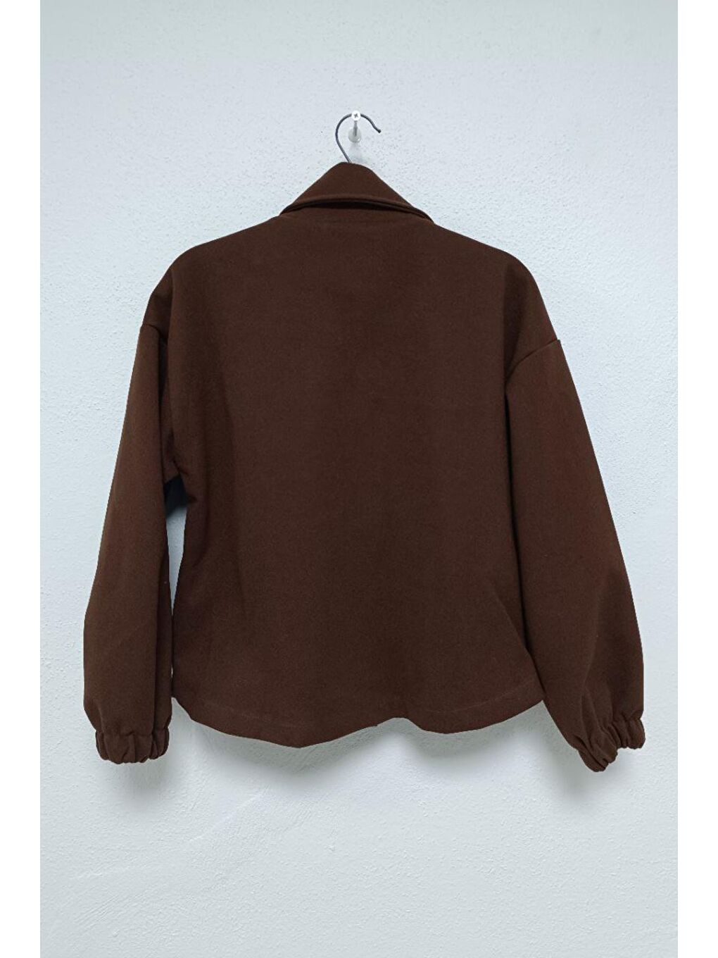 Kadın Kahverengi Kruvaze Yaka Kol Ağzı Lastikli Kısa Kaşe Ceket-1