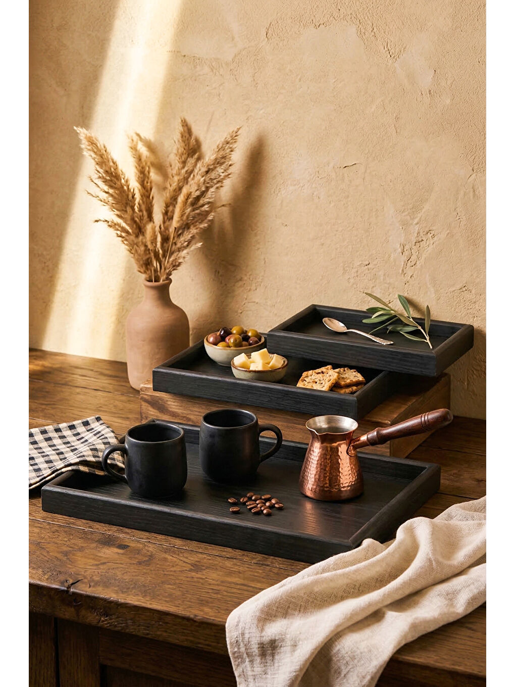 Porsima 1301050046  Ahşap Tepsi 3lü Set Çay Kahve Bambu Sunumu Tepsi Seti Siyah