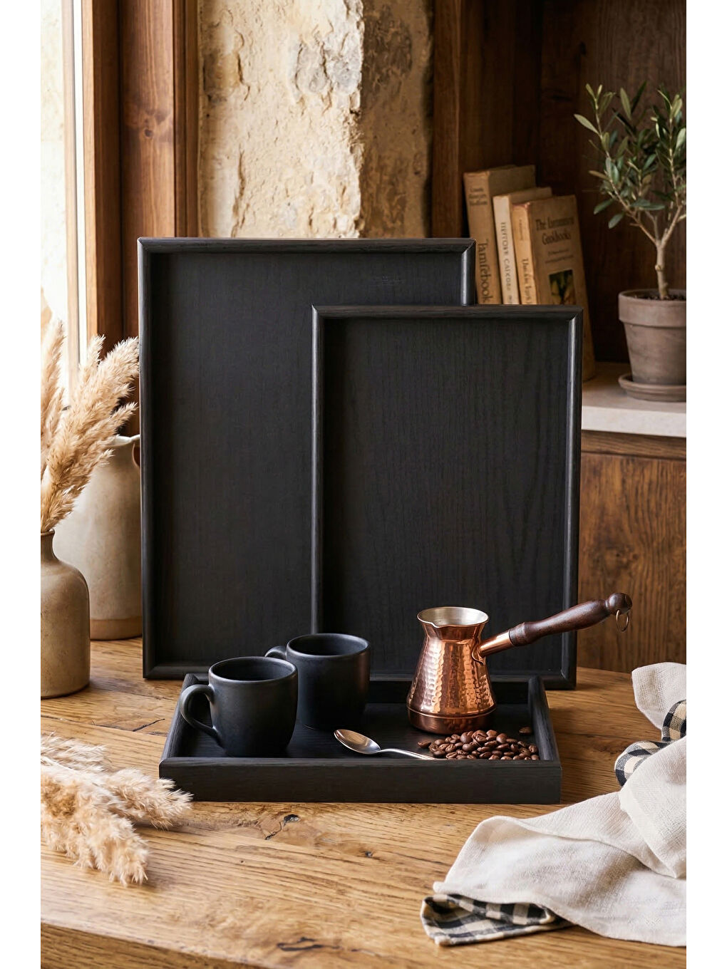 Porsima 1301050046  Ahşap Tepsi 3lü Set Çay Kahve Bambu Sunumu Tepsi Seti Siyah-1