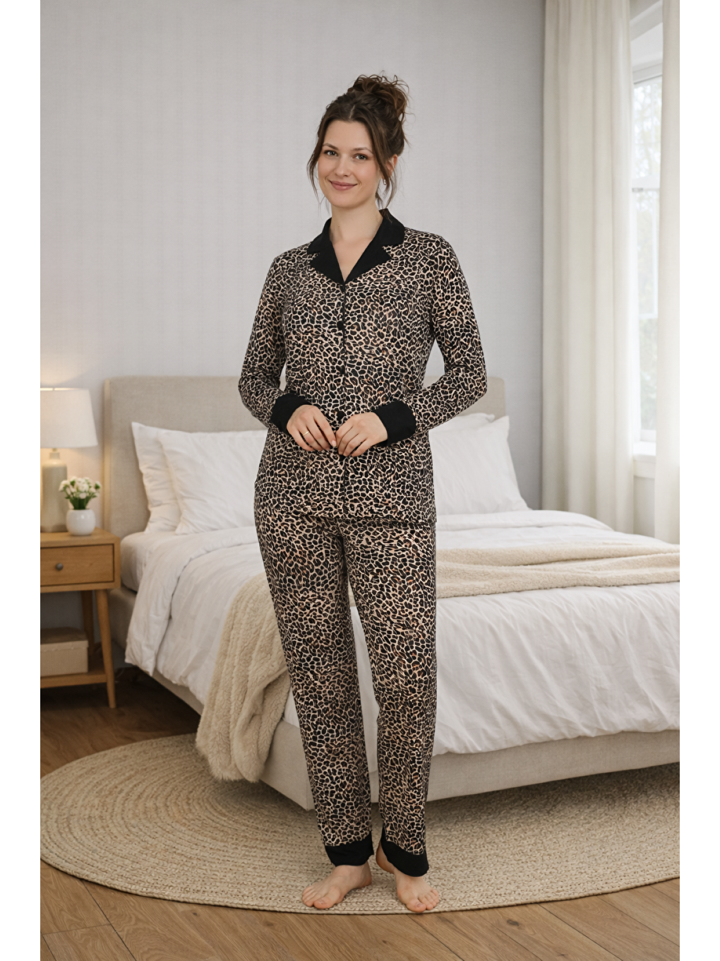 Kahverengi PREMIUM Kadın Leopar Viskon Gömlek Yaka Boydan Düğmeli Uzun Kollu Yüksek Kalite Pijama Takımı-2