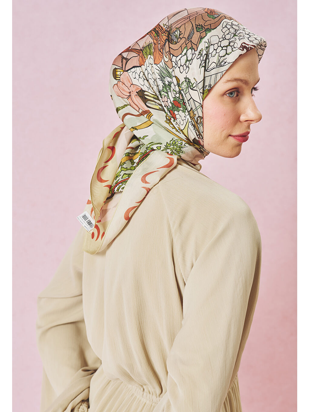 Bej Sage Starlıght Harmony Desen Floş Viskon Eşarp-1