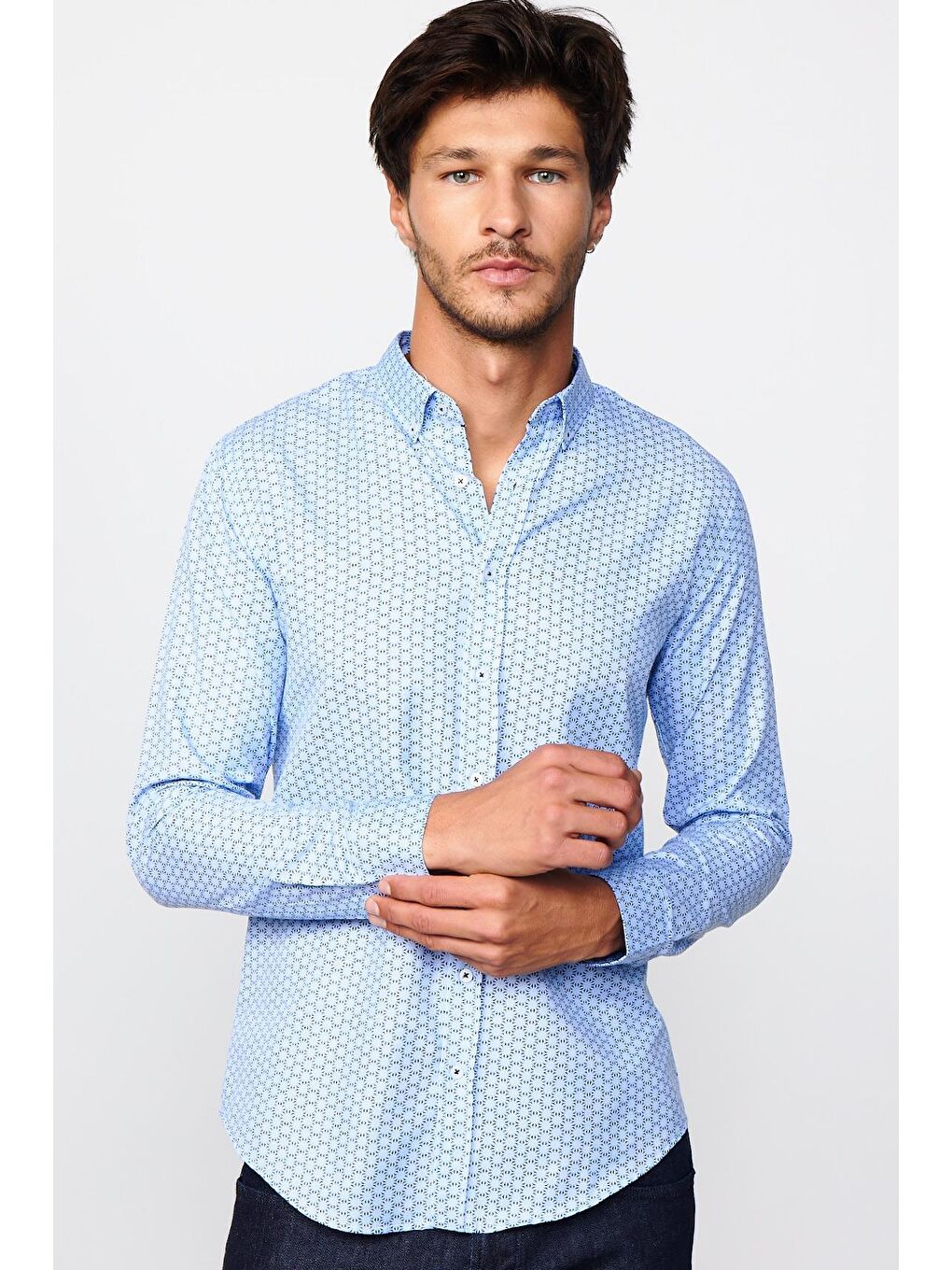 Slim Fit Pamuklu Kolay Ütü Desenli Mavi Erkek Gömlek