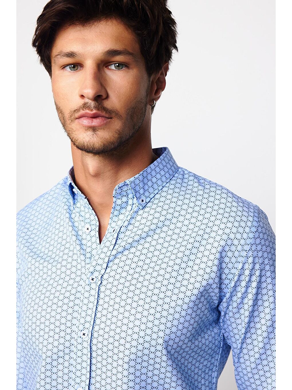 Slim Fit Pamuklu Kolay Ütü Desenli Mavi Erkek Gömlek-1