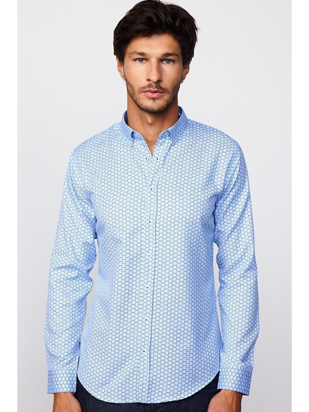 Slim Fit Pamuklu Kolay Ütü Desenli Mavi Erkek Gömlek-2