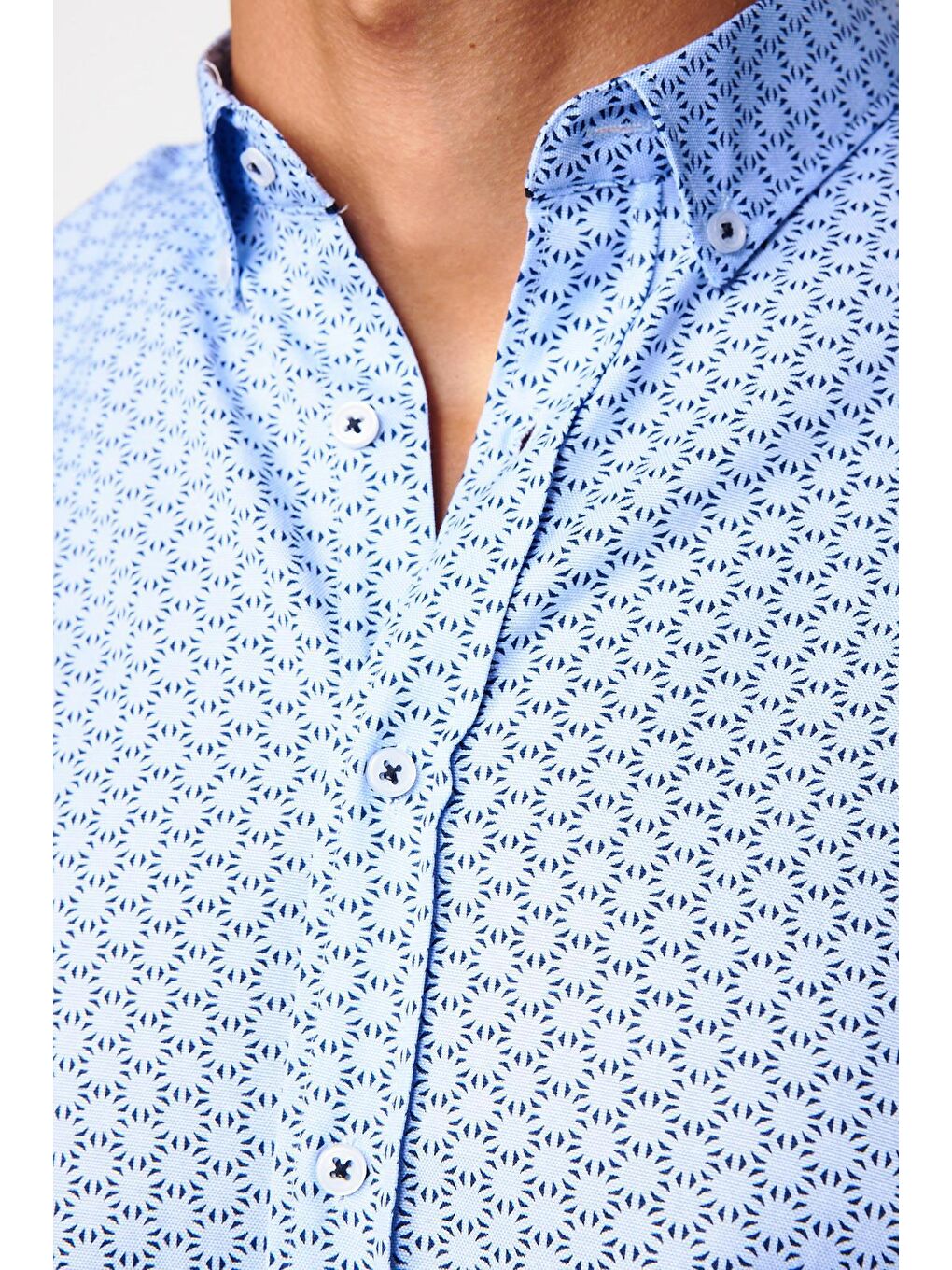 Slim Fit Pamuklu Kolay Ütü Desenli Mavi Erkek Gömlek-3