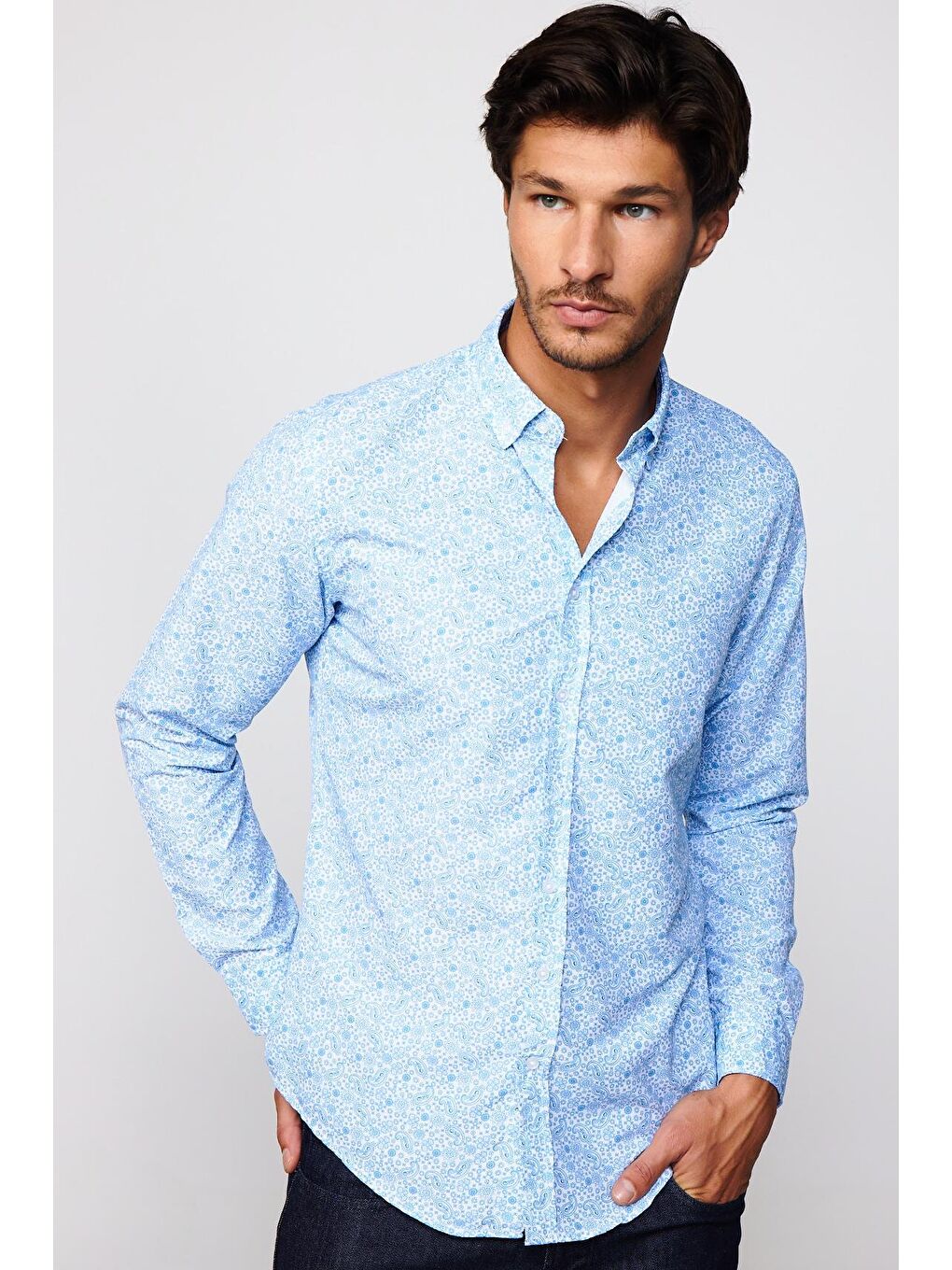 Slim Fit Baskılı Desenli Kolay Ütü Yaka Düğmeli Beyaz Gömlek-1