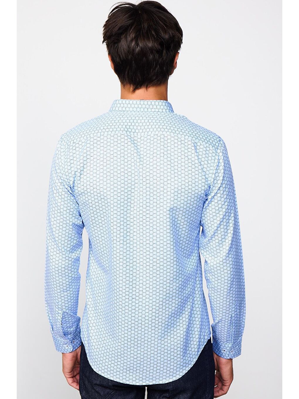 Slim Fit Pamuklu Kolay Ütü Desenli Mavi Erkek Gömlek-4
