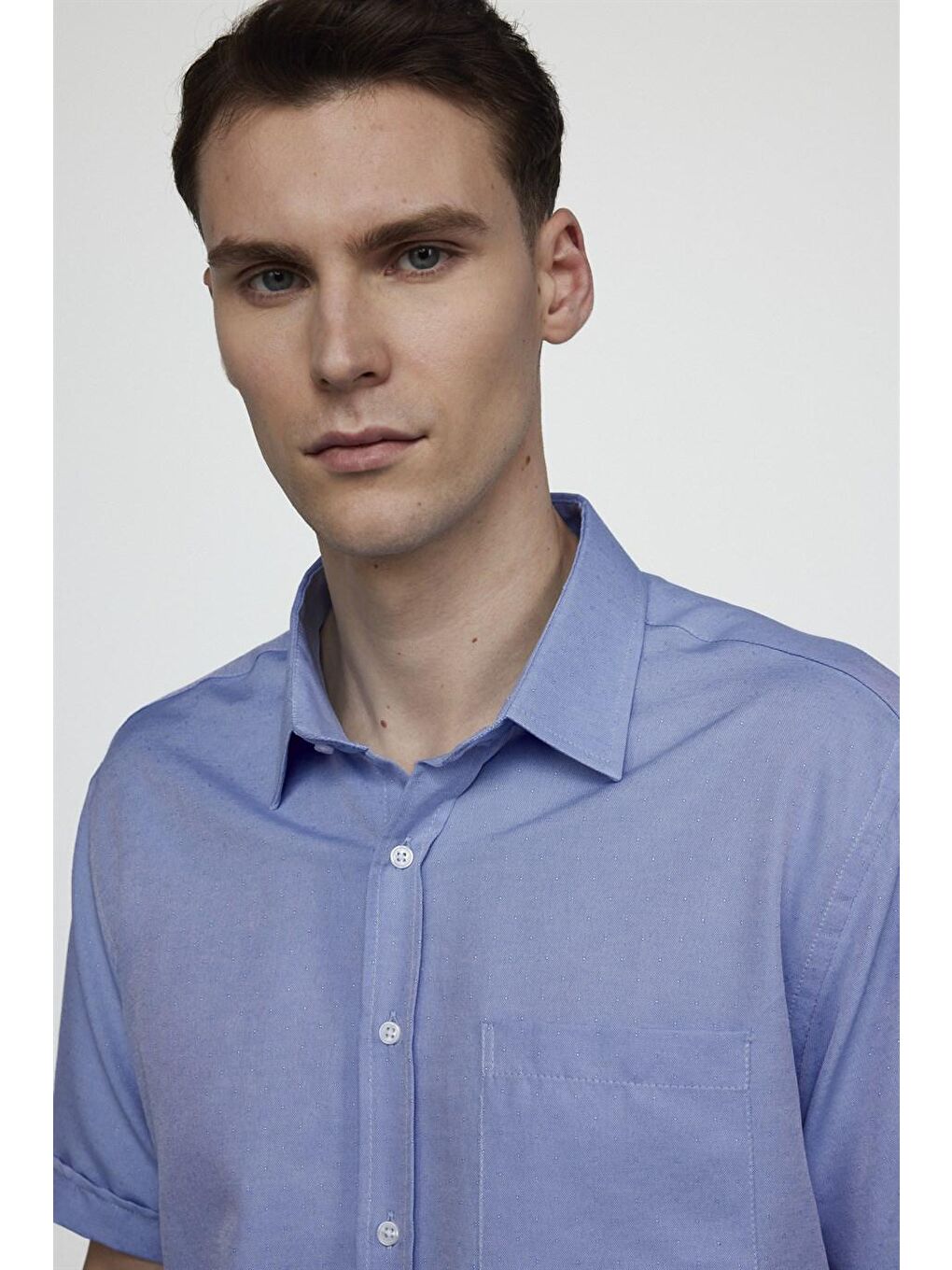 Mavi Klasik Fit Kısa Kol Oxford Doku Armürlü Kravatlık Gömlek-1