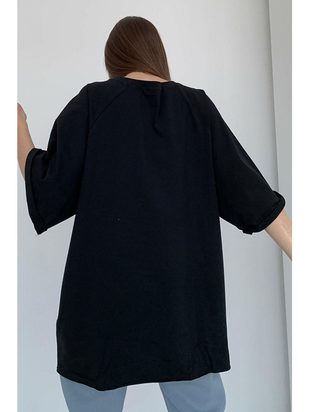 Siyah Oversize Basic Kadın Tişört-1