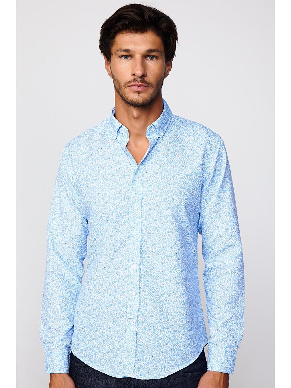 Slim Fit Baskılı Desenli Kolay Ütü Yaka Düğmeli Beyaz Gömlek-2