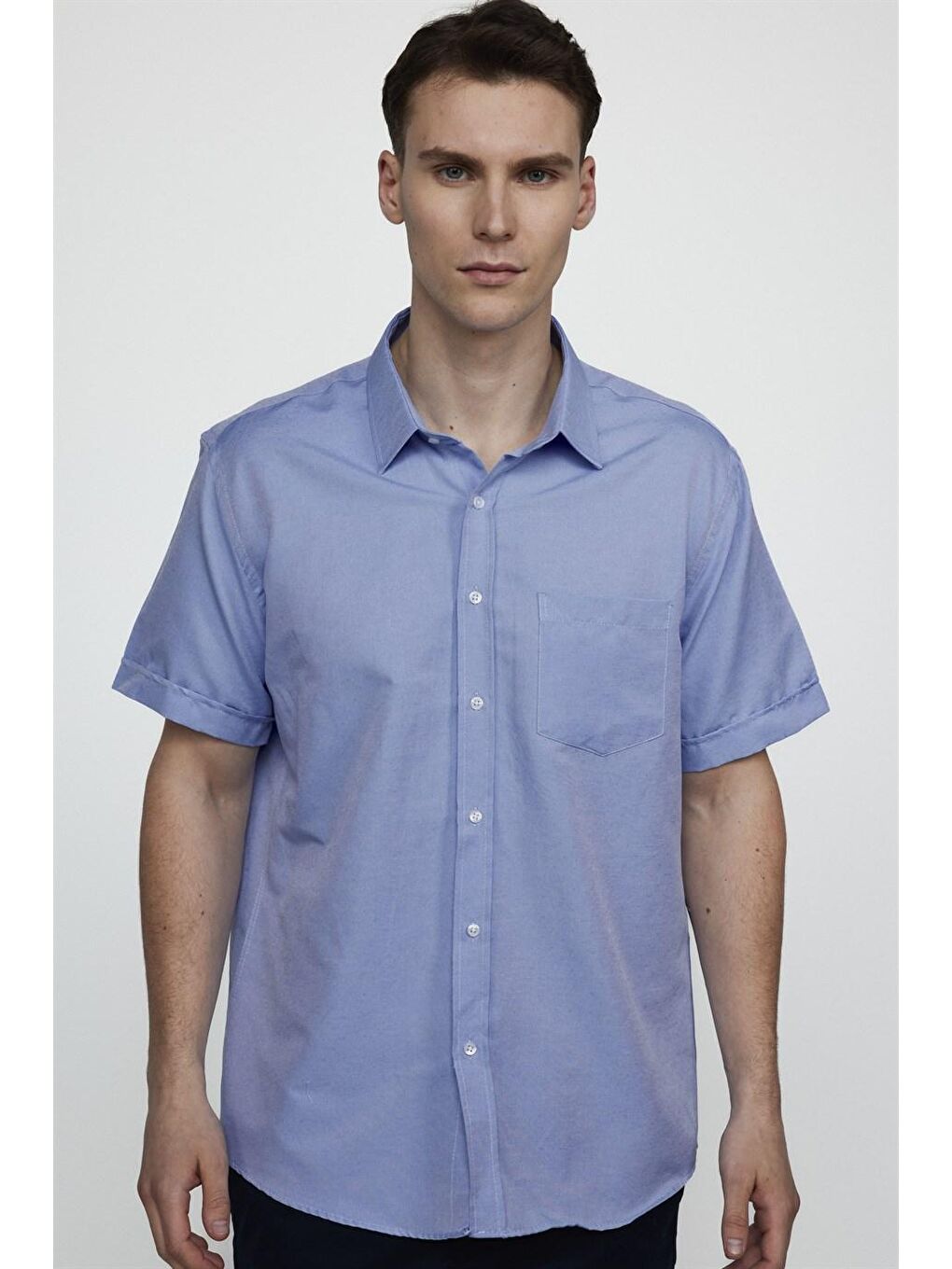 Mavi Klasik Fit Kısa Kol Oxford Doku Armürlü Kravatlık Gömlek-2