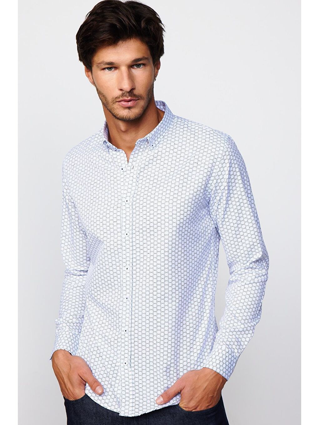 Slim Fit Pamuklu Kolay Ütü Desenli Erkek Beyaz Gömlek