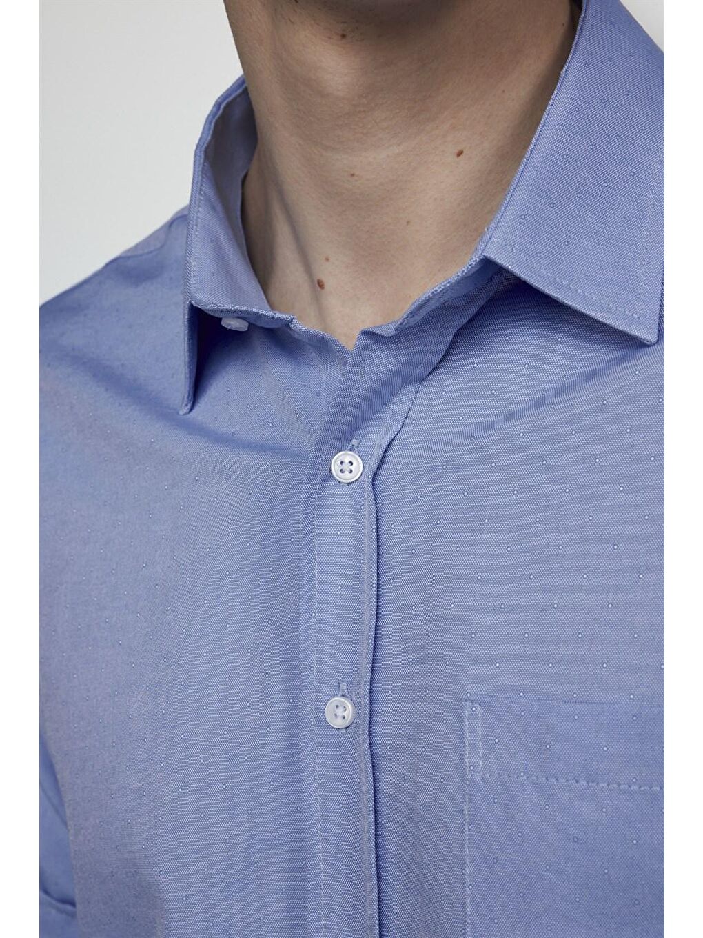 Mavi Klasik Fit Kısa Kol Oxford Doku Armürlü Kravatlık Gömlek-4