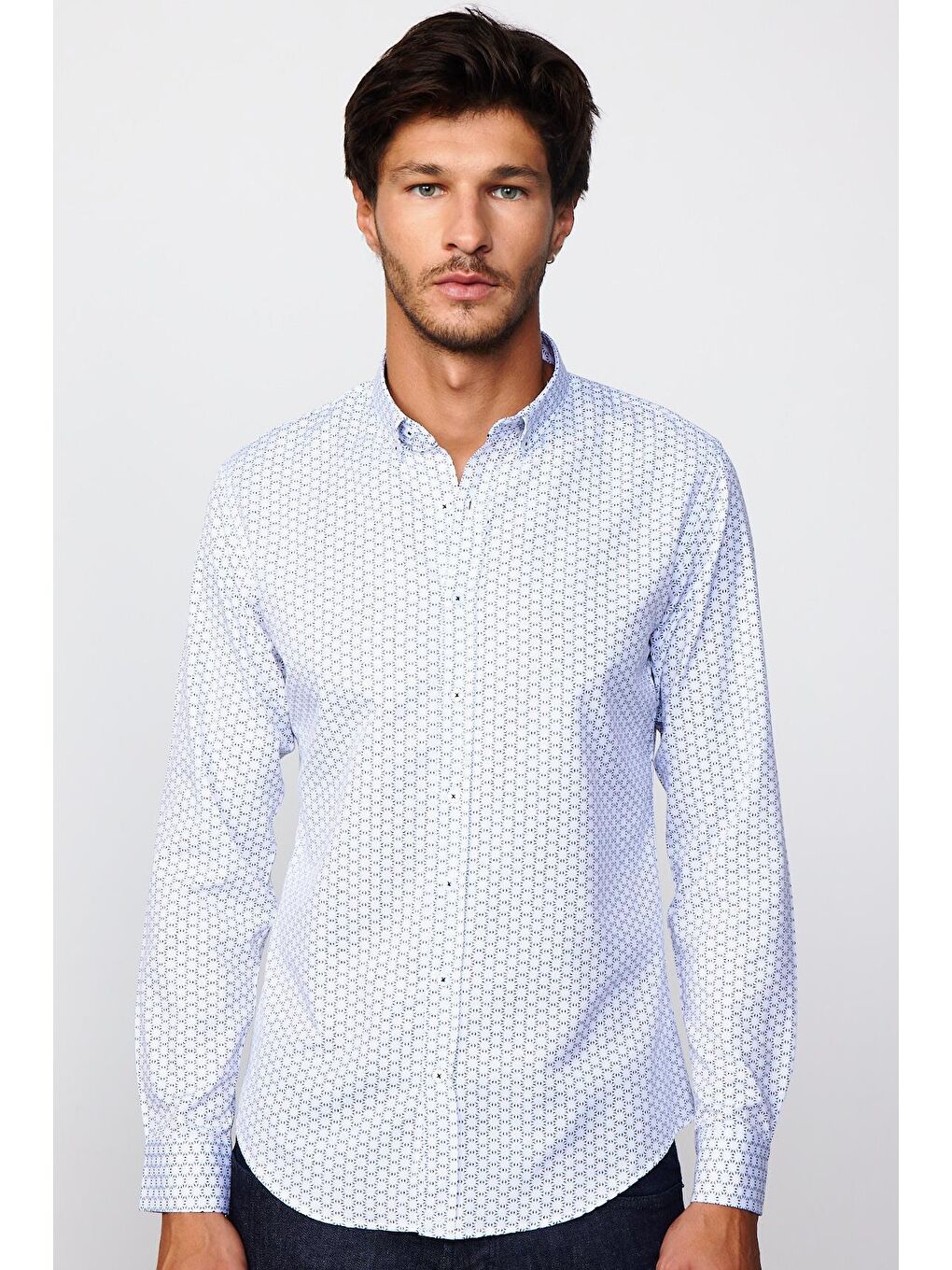 Slim Fit Pamuklu Kolay Ütü Desenli Erkek Beyaz Gömlek-1