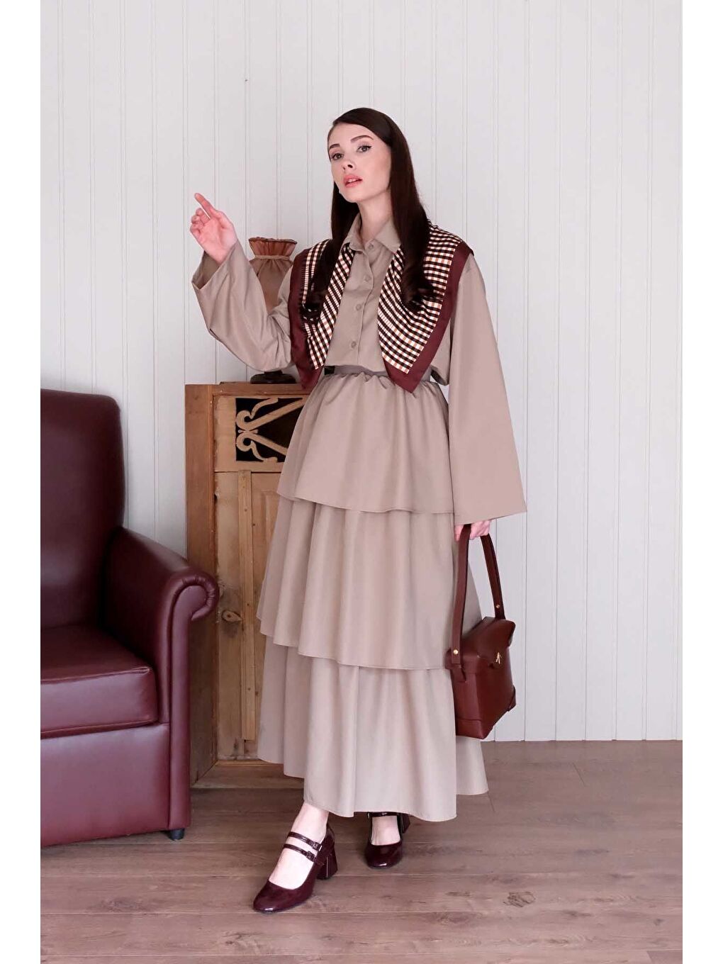 Bej Vizon Paraşüt Kat Kat Etek Paraşüt Cepli Crop Gömlek Takım