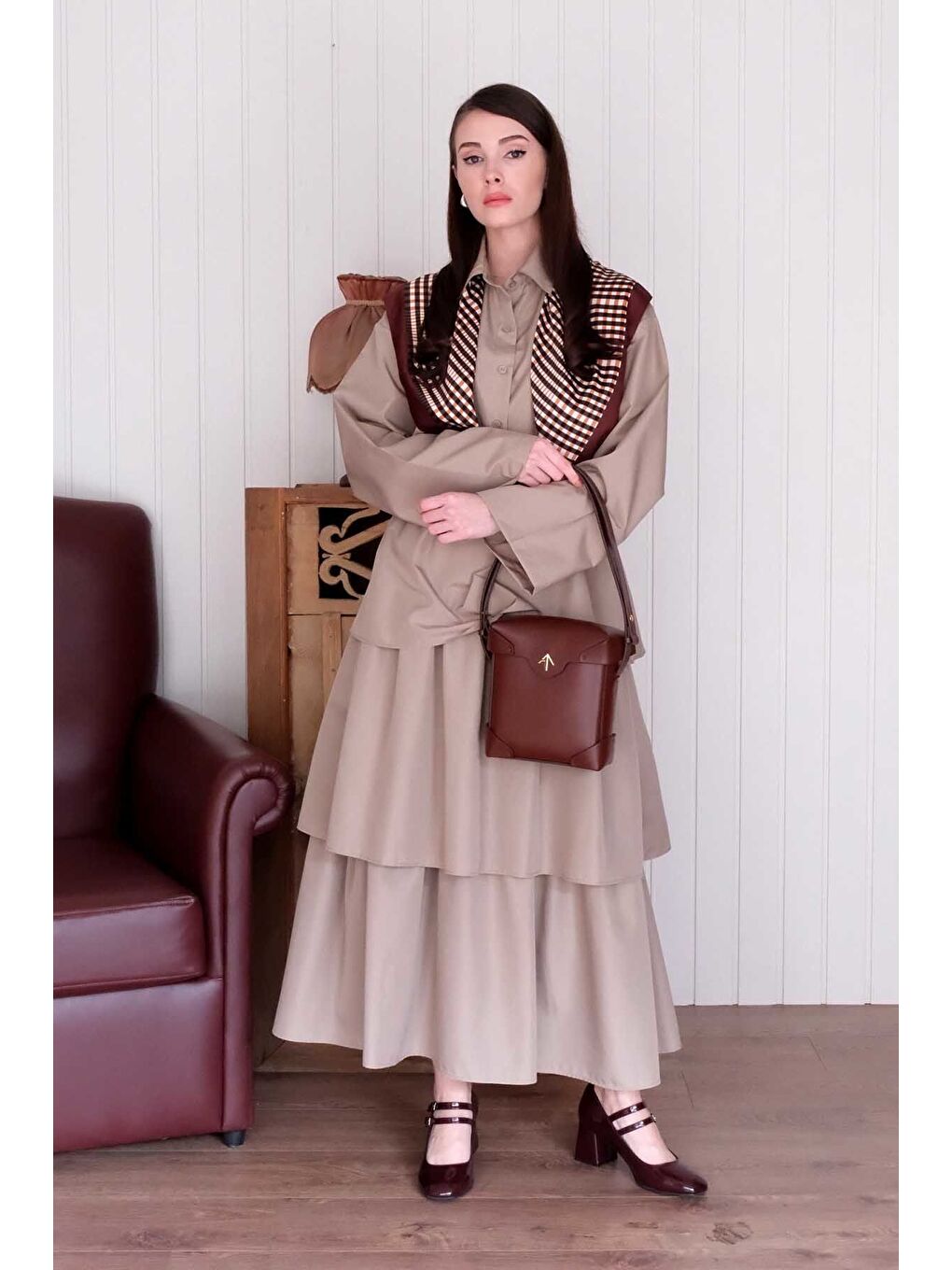 Bej Vizon Paraşüt Kat Kat Etek Paraşüt Cepli Crop Gömlek Takım-1