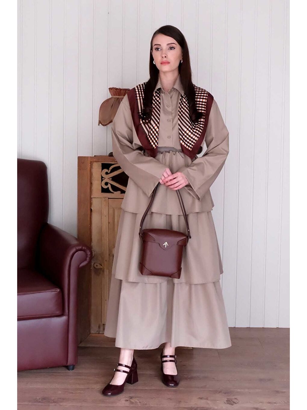 Bej Vizon Paraşüt Kat Kat Etek Paraşüt Cepli Crop Gömlek Takım-2