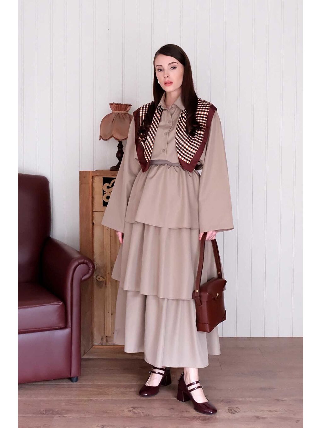 Bej Vizon Paraşüt Kat Kat Etek Paraşüt Cepli Crop Gömlek Takım-3