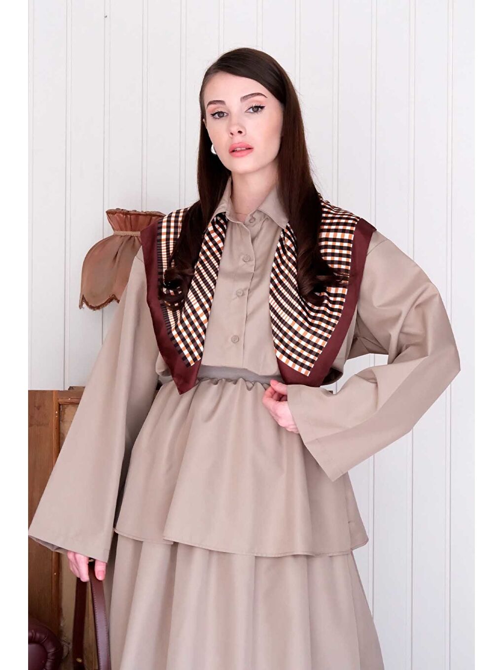 Bej Vizon Paraşüt Kat Kat Etek Paraşüt Cepli Crop Gömlek Takım-4