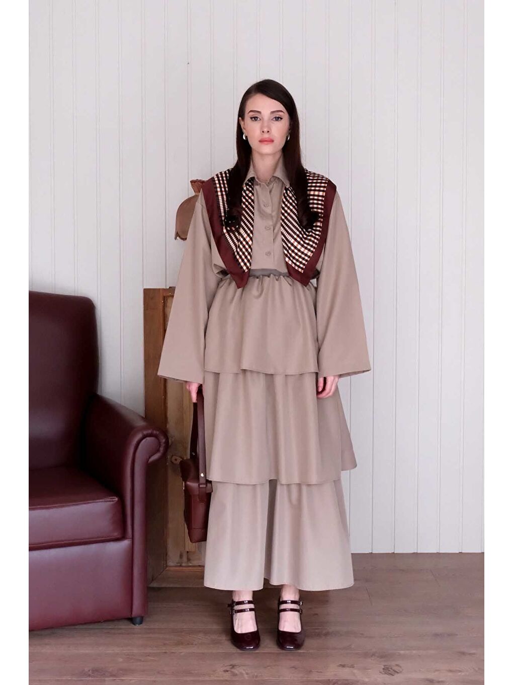 Bej Vizon Paraşüt Kat Kat Etek Paraşüt Cepli Crop Gömlek Takım-5