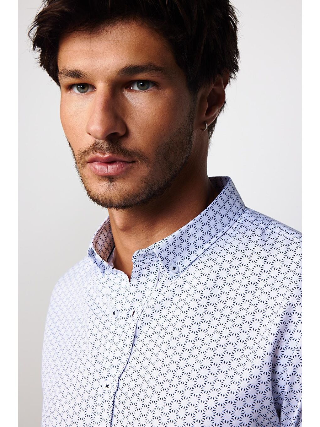Slim Fit Pamuklu Kolay Ütü Desenli Erkek Beyaz Gömlek-2
