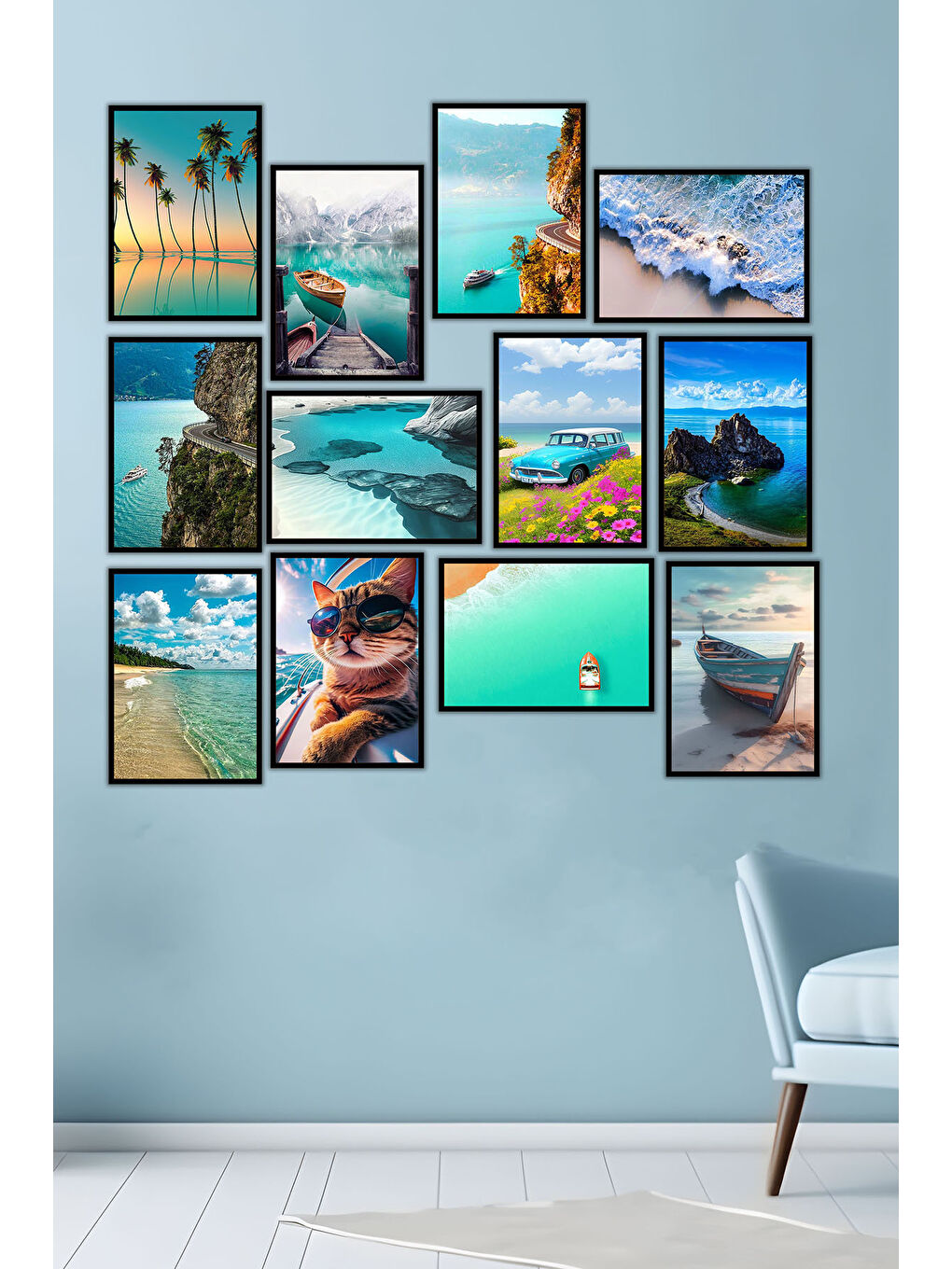 Beyaz 12 Parça Siyah Çerçeve Görünümlü Mdf Tablo Seti - 12ARTAVESSA11-1317