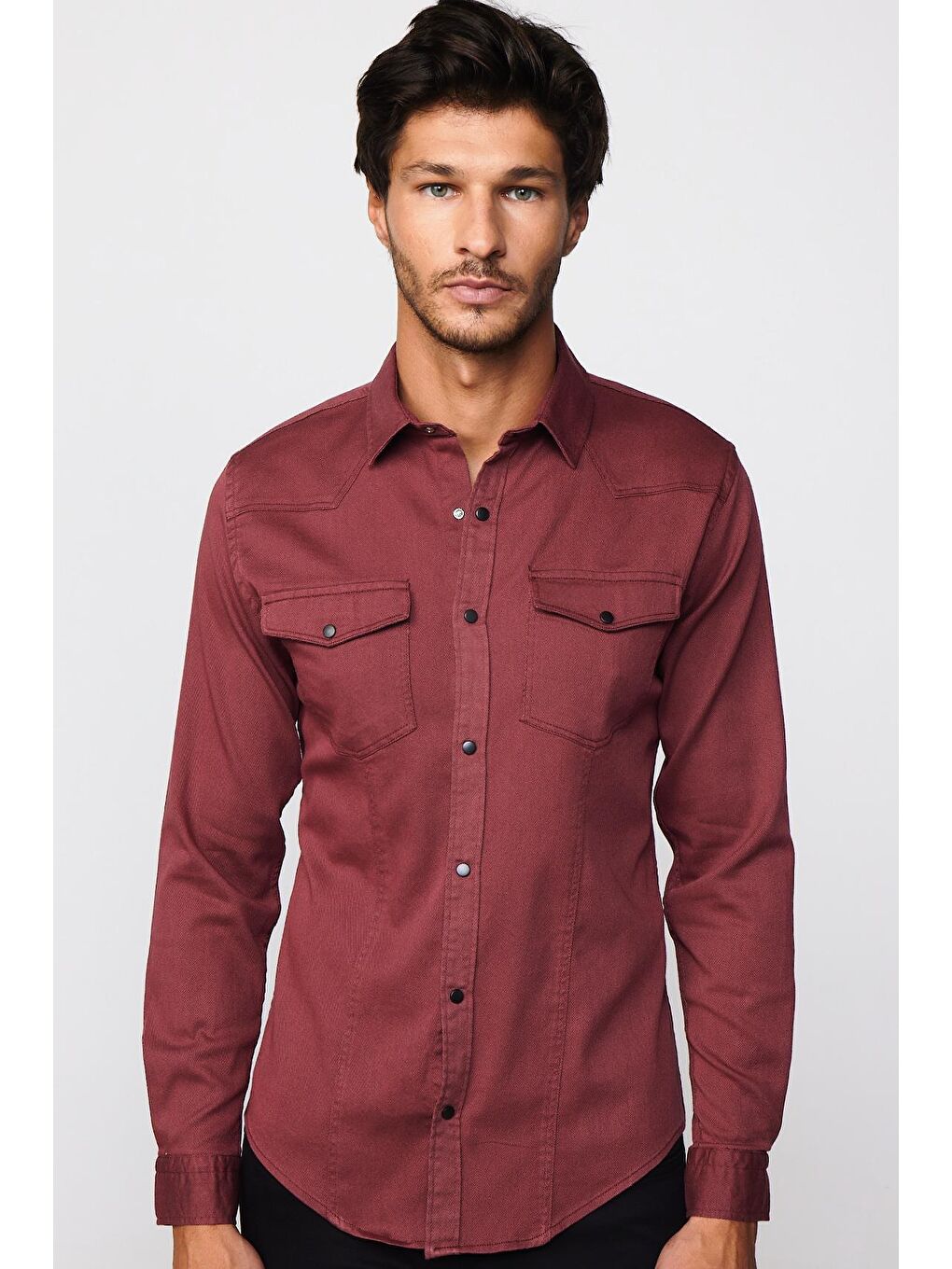 TUDORS Bordo Slim Fit Gündelik Denim Bordo Erkek Gömlek - 1