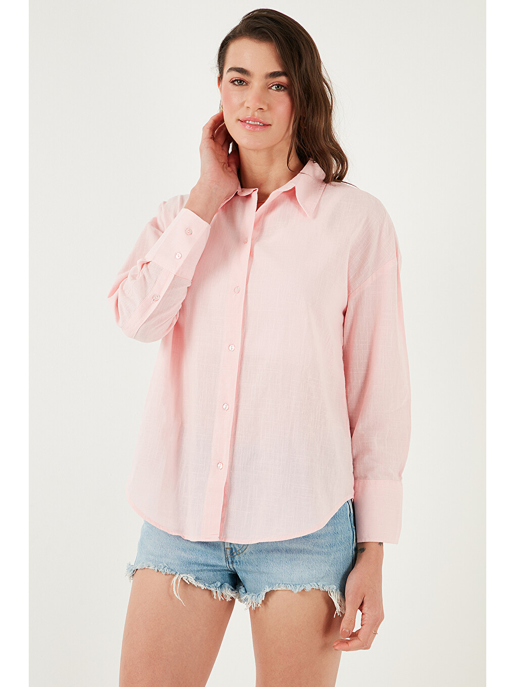 Pembe Pamuklu Regular Fit Uzun Kollu Düz Gömlek Cf25s168305-3