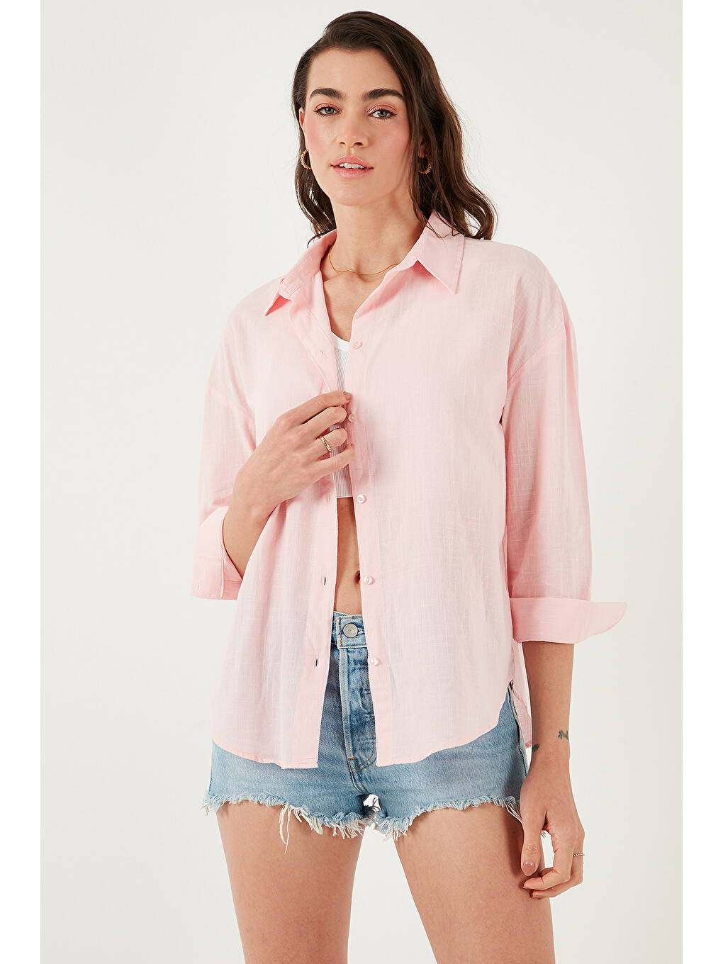 Pembe Pamuklu Regular Fit Uzun Kollu Düz Gömlek Cf25s168305-4