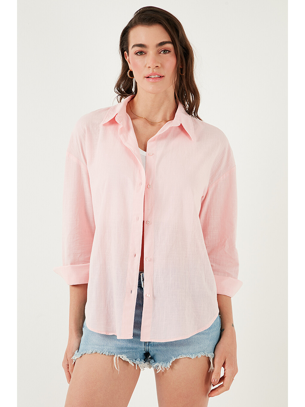 Pembe Pamuklu Regular Fit Uzun Kollu Düz Gömlek Cf25s168305-5