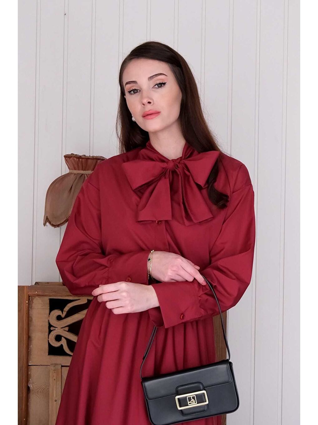 Bordo Paraşüt Kumaş Fiyonklu Gömlek