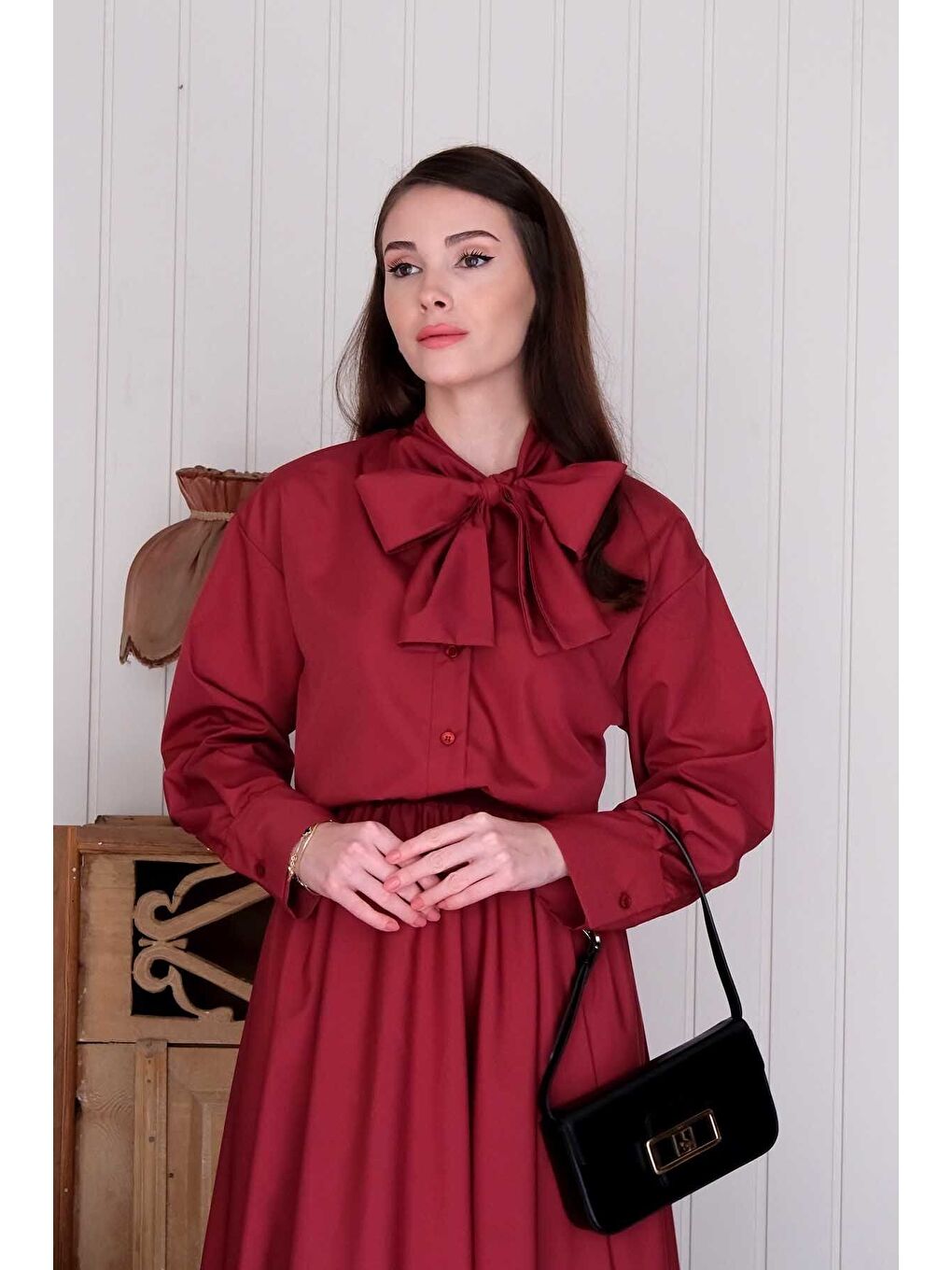 Bordo Paraşüt Kumaş Fiyonklu Gömlek-1