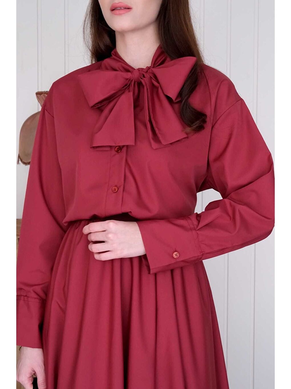 Bordo Paraşüt Kumaş Fiyonklu Gömlek-2