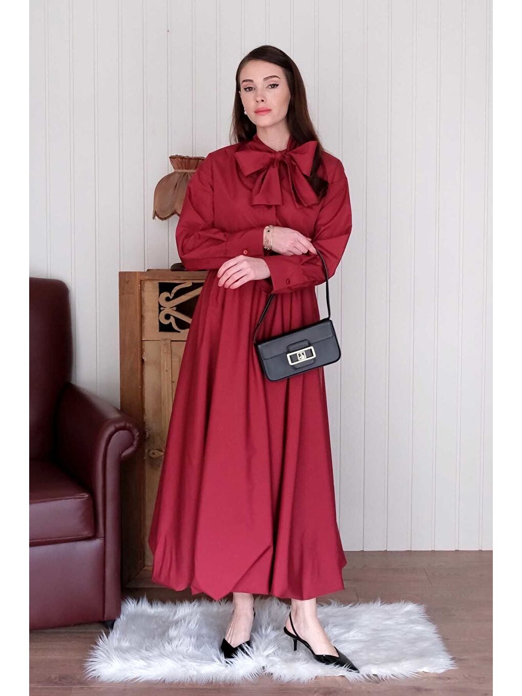 Bordo Paraşüt Kumaş Fiyonklu Gömlek-3