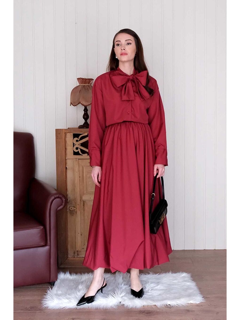 Bordo Paraşüt Kumaş Fiyonklu Gömlek-4