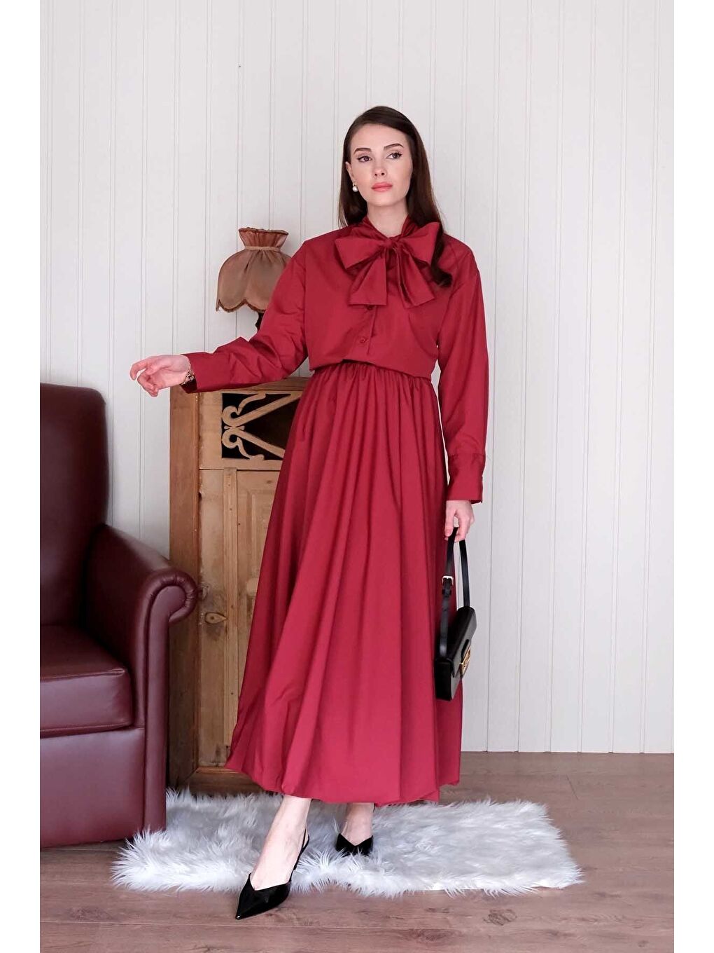 Bordo Paraşüt Kumaş Fiyonklu Gömlek-5