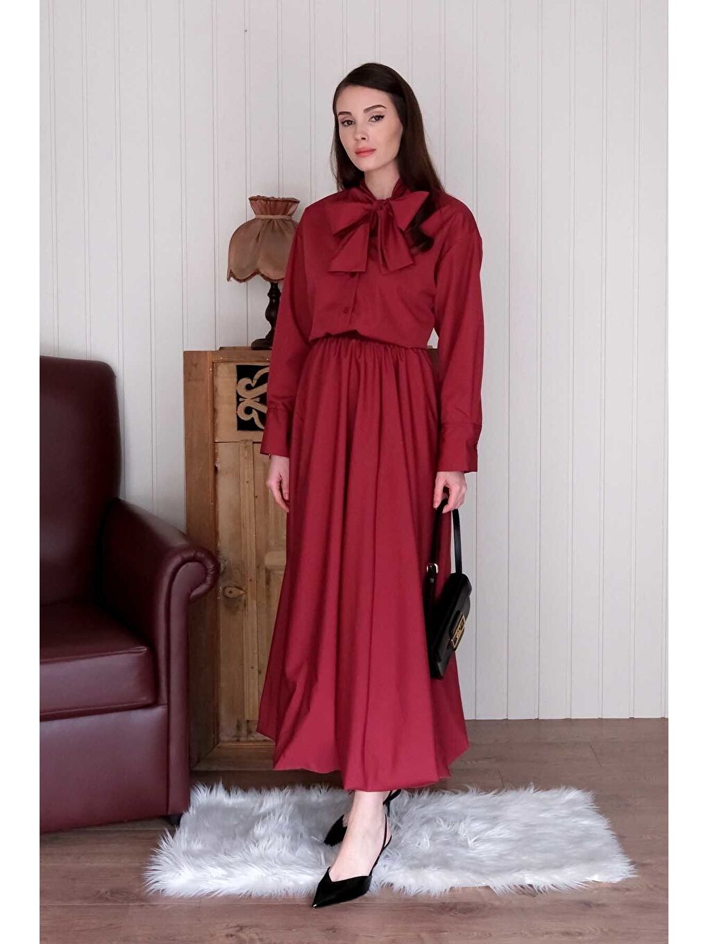 Bordo Paraşüt Kumaş Fiyonklu Gömlek-6