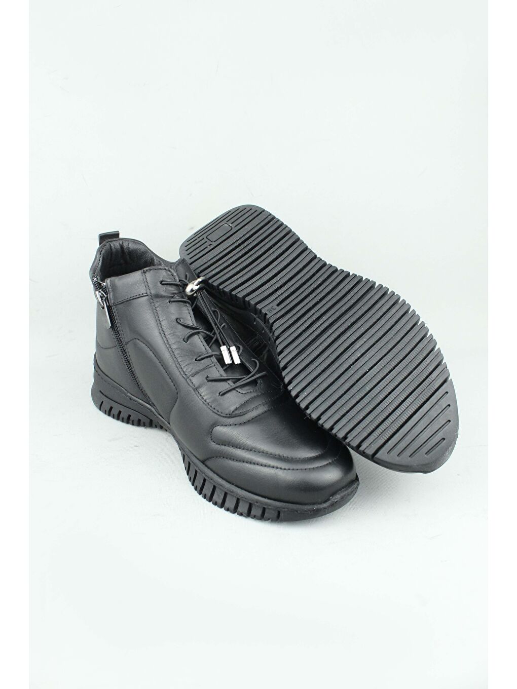 Siyah 161.1195/Bf Hakiki Deri Konforlu Lastik Bağcıklı Yandan Fermuarlı Bot Kadın-3