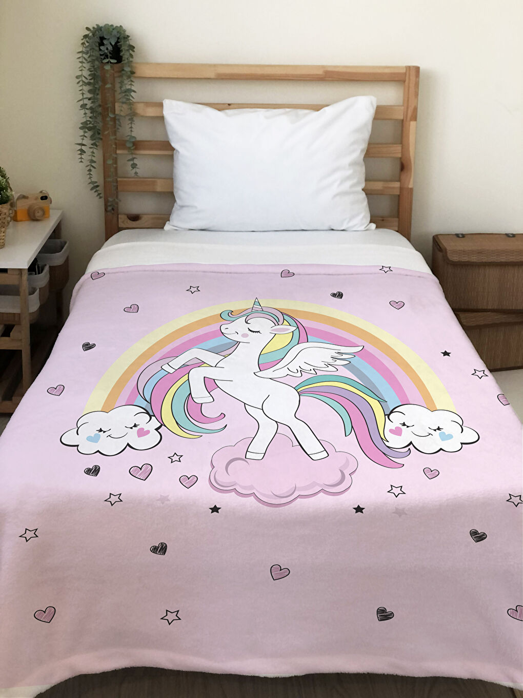 EVMİLA Karışık Unicorn Desenli Soft Baskılı Tek Kişilik 150x220 Cm Battaniye