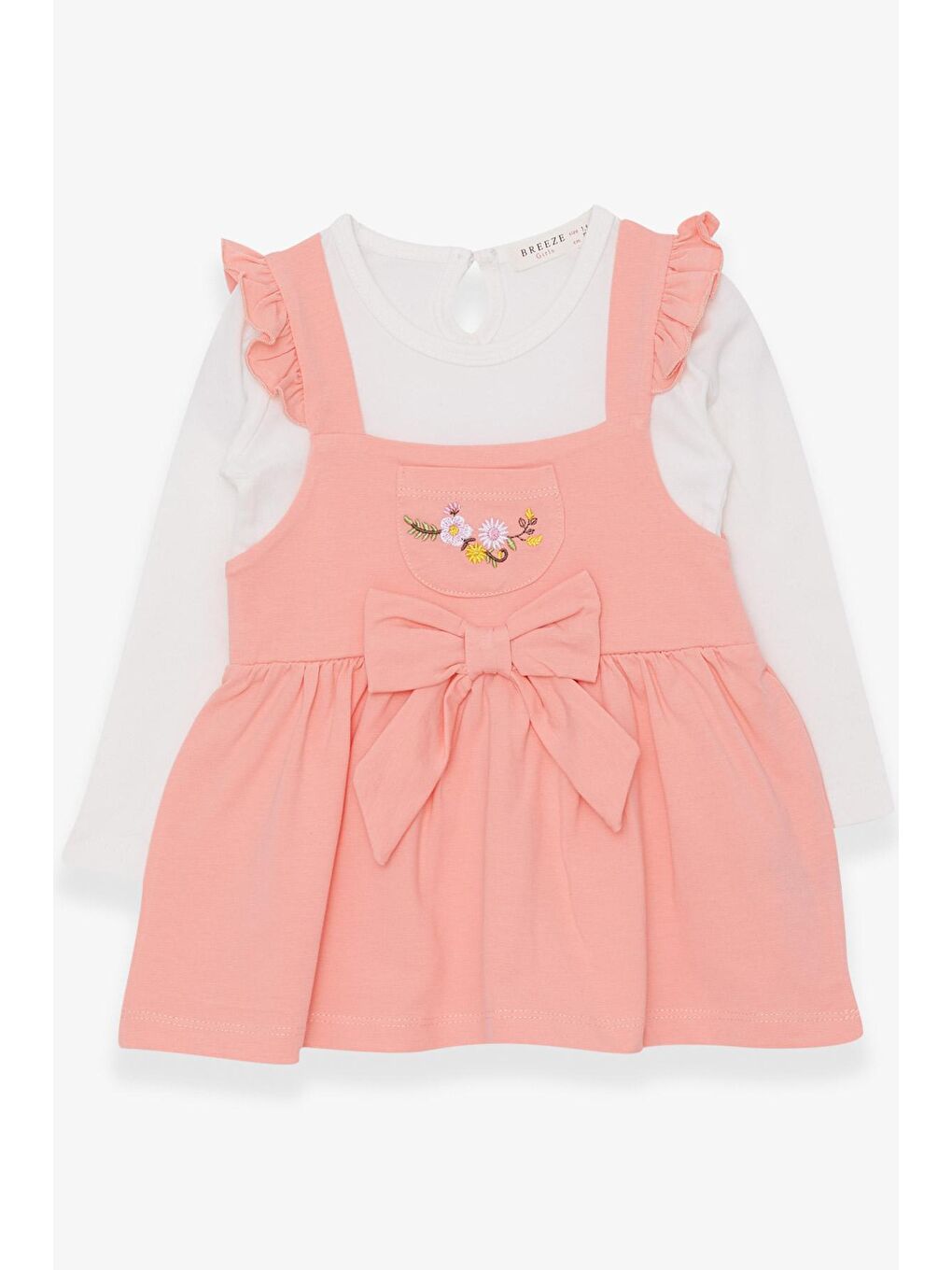 Pembe Kız Çocuk Uzun Kollu Elbise Tişörtlü Çiçek Nakışlı Somon (1.5-5 Yaş)