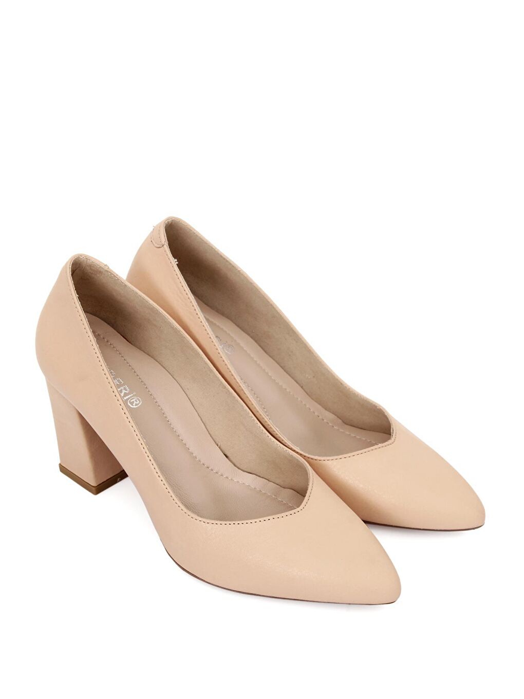 Bej Hakiki Deri Sivri Burun Yüksek Kalın Topuklu Kadın Ayakkabı 24171-1