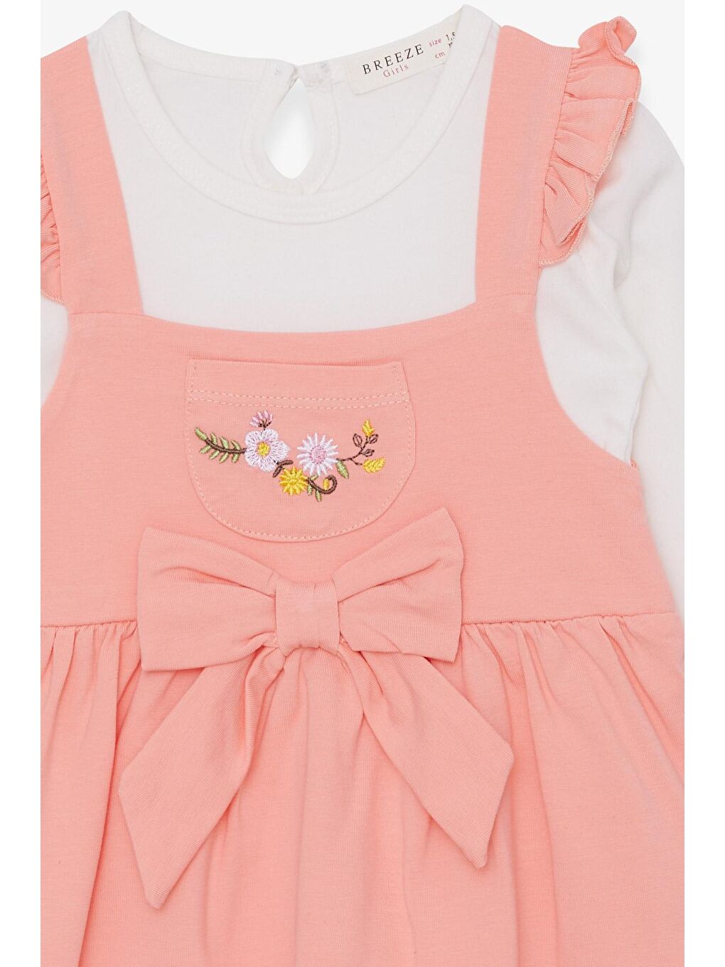 Pembe Kız Çocuk Uzun Kollu Elbise Tişörtlü Çiçek Nakışlı Somon (1.5-5 Yaş)-2
