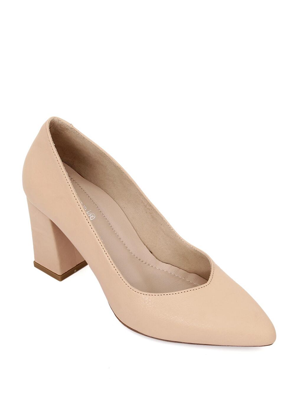 Bej Hakiki Deri Sivri Burun Yüksek Kalın Topuklu Kadın Ayakkabı 24171-4