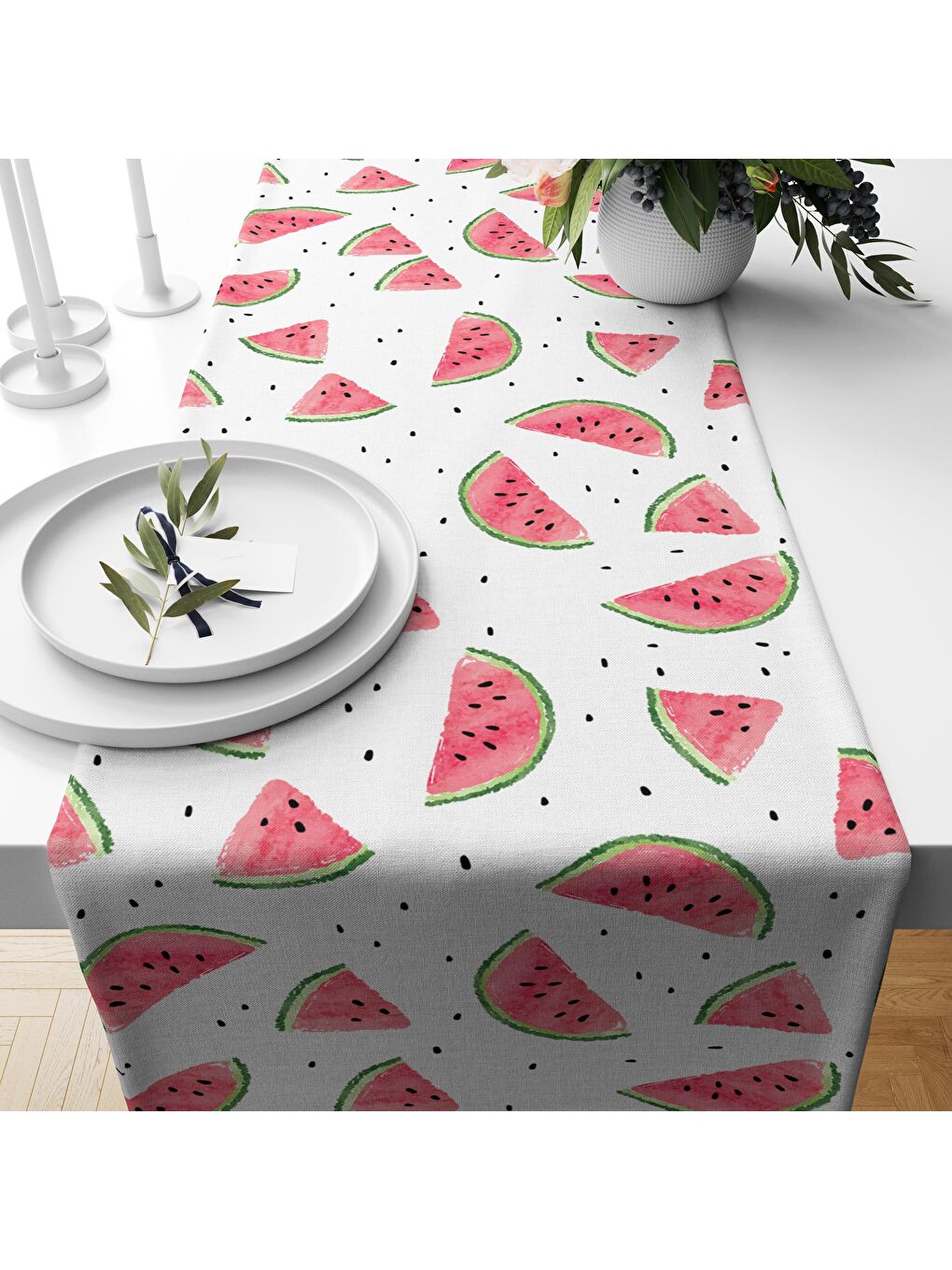 Karışık Karpuz Desenli Kadife Runner Beyaz 40x140 cm