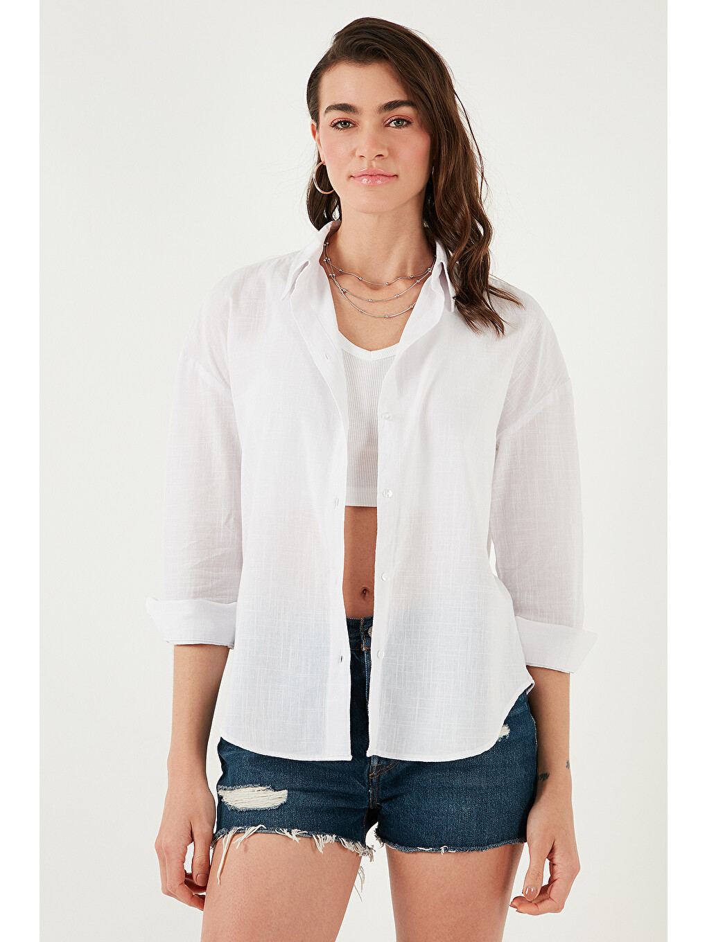Beyaz Pamuklu Regular Fit Uzun Kollu Düz Gömlek Cf25s168305-5