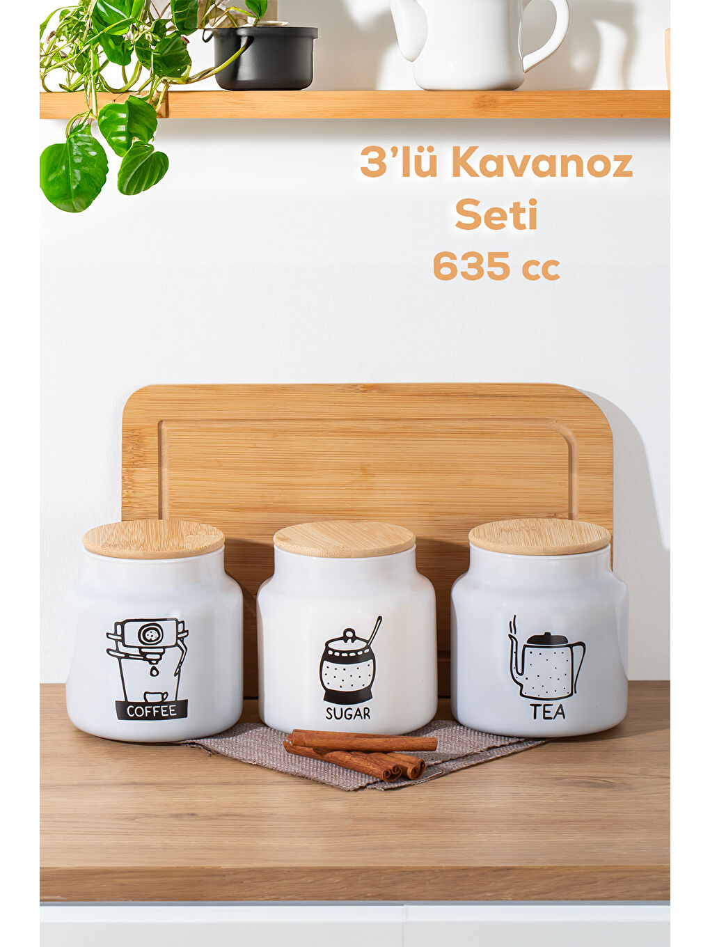 Beyaz 1110 3'lü Bambu Kapaklı Cam Çay Kahve Şeker Saklama Kavanozu Seti 635 cc - BEYAZ
