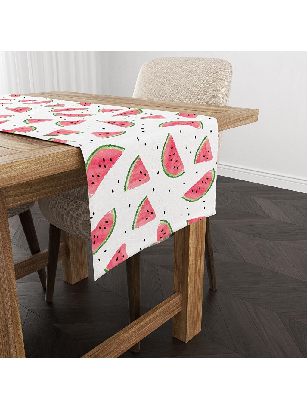 Karışık Karpuz Desenli Kadife Runner Beyaz 40x140 cm-1