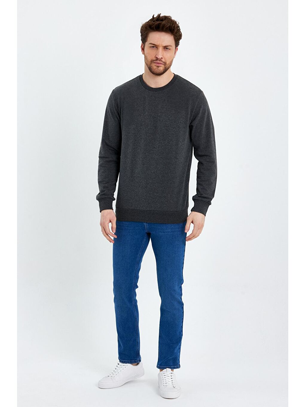 Antrasit Bisiklet Yaka Basic İnce Erkek Sweatshirt-1